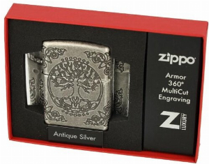 Zippo Feuerzeug silber antig Armor Case Lebensbaum 6004303 8-seitig tiefengraviert