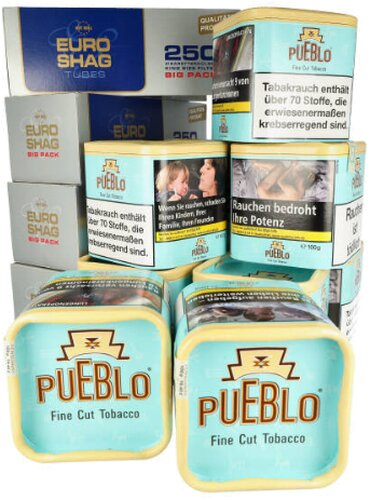 10 x Pueblo Tabak Blau 100g Dose + 4 x 250 Euro Shag Zigarettenhülsen Sparpaket 10 x Pueblo Tabak Blau 100g Dose + 4 x 250 Euro Shag Zigarettenhülsen Sparpaket