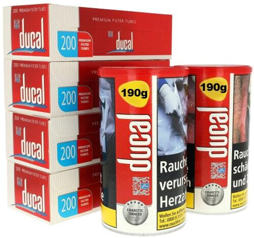 2 x Ducal Rot Zigaretten Tabak Dose Inhalt 168g + 4 x Ducal 200 Stück Zigarettenhülsen 2 x Ducal Rot Zigaretten Tabak Dose Inhalt 168g + 4 x Ducal 200 Stück Zigarettenhülsen