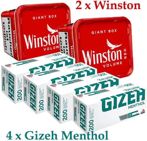 2 x Winston Giant 165g Tabak + 4 x Gizeh Menthol 200 Hülsen - Sparpaket