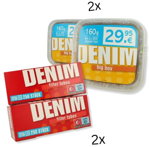 2x Denim Volumentabak 3XL 160g Eimer + 2x Denim Zigarettenhülsen 250 Stück Sparpaket