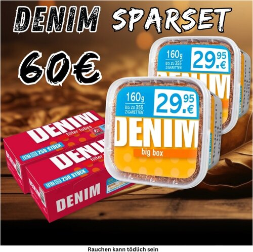 2x Denim Volumentabak 3XL 160g Eimer + 2x Denim Zigarettenhülsen 250 Stück Sparpaket 2x Denim Volumentabak 3XL 160g Eimer + 2x Denim Zigarettenhülsen 250 Stück Sparpaket