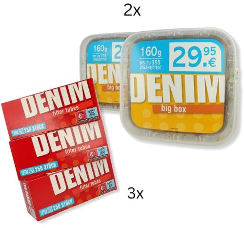 2x Denim Volumentabak 3XL 160g Eimer + 3x Denim Zigarettenhülsen 250 Stück Sparpaket