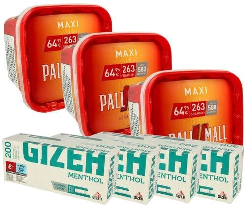3x Pall Mall Maxi 260g Tabak + 4 x Gizeh Menthol 200 Hülsen - Sparpaket