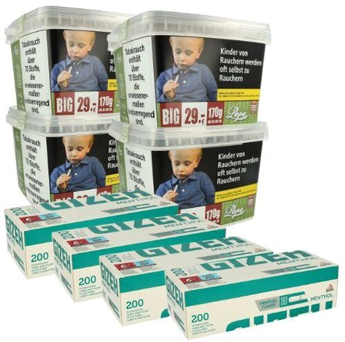 4x Pepe Tabak 170g Tabak + 4x Gizeh Menthol 200 Hülsen - Sparpaket 4x Pepe Tabak 170g Tabak + 4x Gizeh Menthol 200 Hülsen - Sparpaket