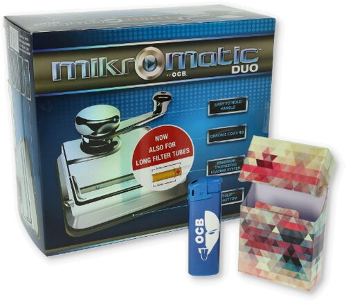 Aktion OCB MicrOMatic Duo Zigarettenstopfmaschine + Feuerzeug & Metall-Box
