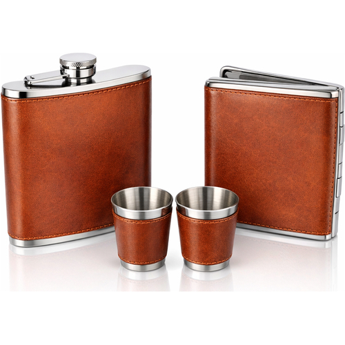 Angelo Flachmann Set Leder braun 6oz.