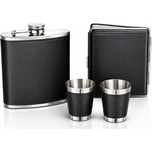 Angelo Flachmann Set Leder schwarz 6oz.