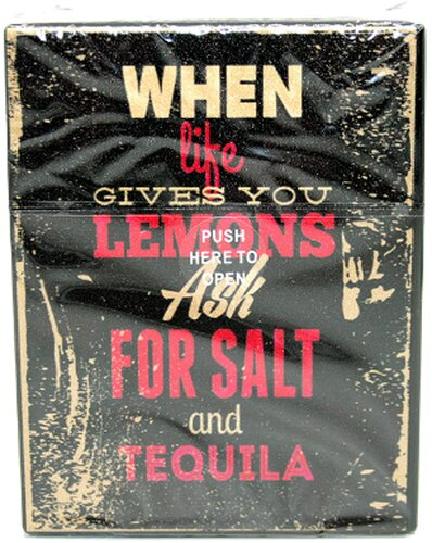 Atomic Zigarettenbox für ca. 25 Stück, Motiv When life gives you lemons, ask for salt and tequila, braun