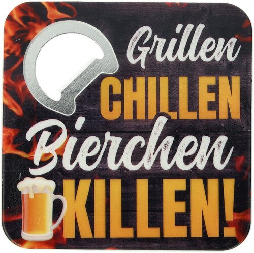 Bierdeckel mit Flaschenöffner Grillen CHILLEN Bierchen KILLEN 8,5cmx8,5cmx0,64cm