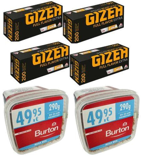 Burton Tabak Sparpaket (2 x Burton Rot Eimer 270g) + (4 x Gizeh Full Flavor Extra 200 Stück) Burton Tabak Sparpaket (2 x Burton Rot Eimer 270g) + (4 x Gizeh Full Flavor Extra 200 Stück)