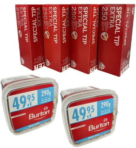 Burton Tabak Sparpaket (2 x Burton Rot Eimer 270g) + (4 x Gizeh Special Tip Extra 250 Stk) Burton Tabak Sparpaket (2 x Burton Rot Eimer 270g) + (4 x Gizeh Special Tip Extra 250 Stk)