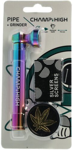 Champ High Rainbow Metallpfeife mit golden Weed Leaf Grinder und Screens