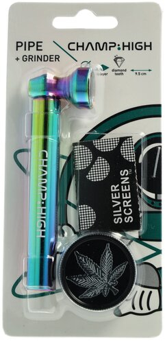 Champ High Rainbow Metallpfeife mit silber Weed Leaf Grinder und Screens