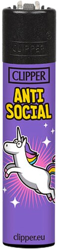 Clipper Feuerzeug Einhorn Slogan ANTI SOCIAL Clipper Feuerzeug Einhorn Slogan ANTI SOCIAL