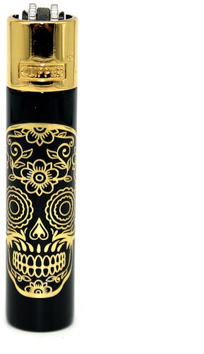 Clipper Feuerzeug Metall Mex Skulls gold