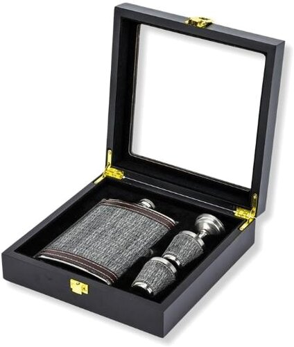 Flachmann-Set Edelstahl in Holz-Geschenkbox 19 x 19 x 6cm