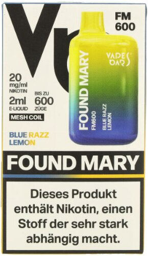 Found Mary FM600 Vapes Bars Einweg E-Zigarette Blue Razz Lemon 20mg