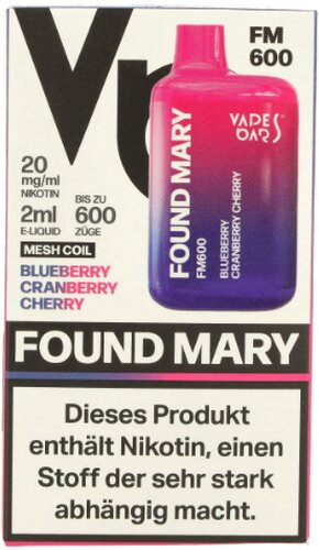 Found Mary FM600 Vapes Bars Einweg E-Zigarette Blueberry Cranberry Cherry 20mg Found Mary FM600 Vapes Bars Einweg E-Zigarette Blueberry Cranberry Cherry 20mg