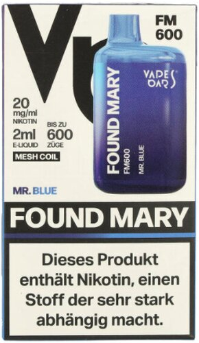 Found Mary FM600 Vapes Bars Einweg E-Zigarette Mr. Blue 20mg Found Mary FM600 Vapes Bars Einweg E-Zigarette Mr. Blue 20mg