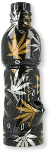 Glas Bong Bottle Schwarz/Cannabis mit Glaschillum