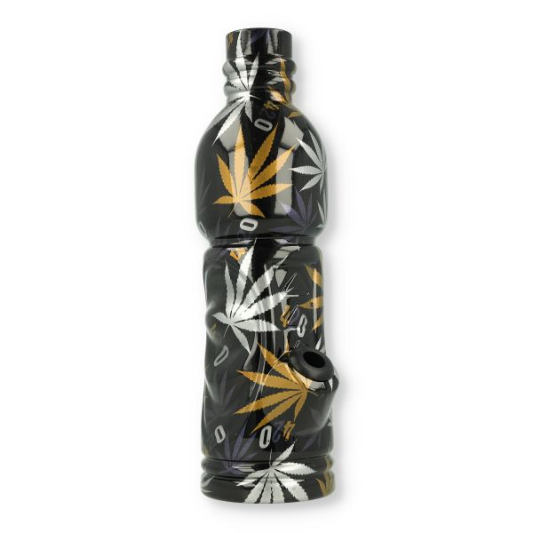 Glas Bong Bottle Schwarz/Cannabis mit Glaschillum