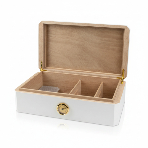 Humidor Pianolack Weiß mit Leder für ca. 50 Zigarren H12 x B40 x T23cm