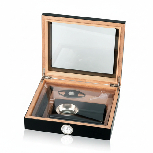 Humidor Set Schwarz mit Glasdeckel für ca. 15 Zigarren H6,5 x B26 x T22 cm