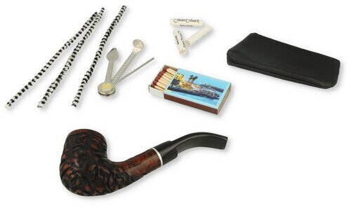 Jean Claude Pfeifen-Einsteigerset Lederoptik Braun Pfeife gebogen Rustiziert Sattelmundstück