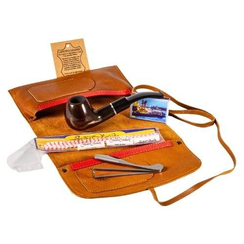Jean Claude Pfeifen-Einsteigerset Rollbeutel Leder Braun antik Pfeife dezent gebogen
