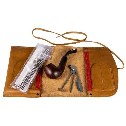 Jean Claude Pfeifen-Einsteigerset Rollbeutel Leder Braun Pfeife gebogen