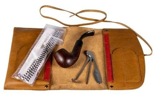 Jean Claude Pfeifen-Einsteigerset Rollbeutel Leder Braun Pfeife gebogen