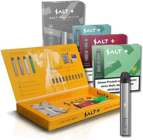 Salt Plus 3+1 Aktion - Akkuträger Silver + Pods Cherry, Cool Mint, Lush Ice Salt Plus 3+1 Aktion - Akkuträger Silver + Pods Cherry, Cool Mint, Lush Ice