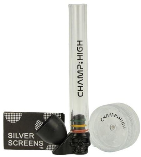 Kräuterpfeife Champ High mit Grinder Glaspfeife Totenkopf