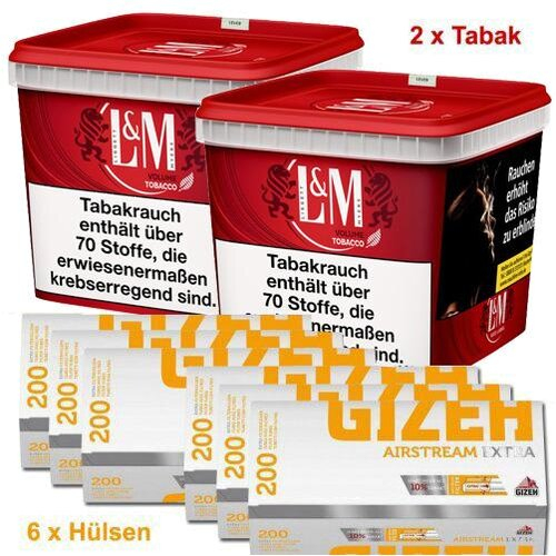 L&M Sparpaket 370g (2x185g) Tabak + Gizeh 1200 (6x200 Stk.) Hülsen L&M Sparpaket 370g (2x185g) Tabak + Gizeh 1200 (6x200 Stk.) Hülsen