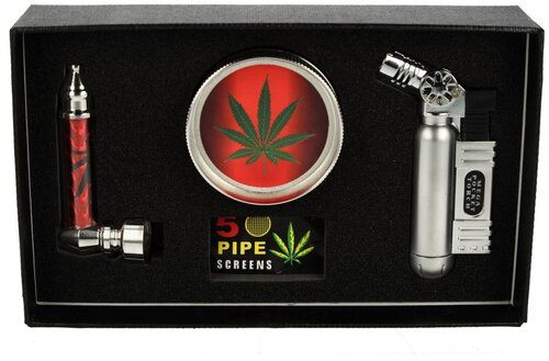 Metallpfeife Set Siebe, Grinder + Jet-Feuerzeug in Geschenkbox Nr. 1 Metallpfeife Set Siebe, Grinder + Jet-Feuerzeug in Geschenkbox Nr. 1