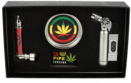 Metallpfeife Set Siebe, Grinder + Jet-Feuerzeug in Geschenkbox Nr. 2