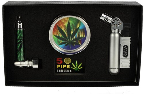 Metallpfeife Set Siebe, Grinder + Jet-Feuerzeug in Geschenkbox Nr. 3