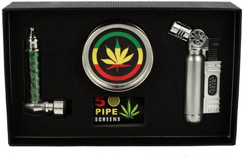 Metallpfeife Set Siebe, Grinder + Jet-Feuerzeug in Geschenkbox Nr. 4