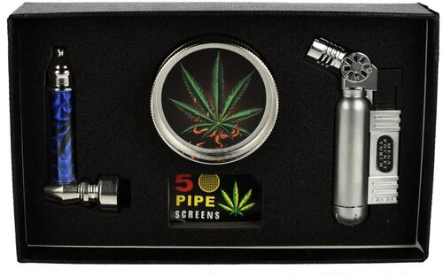 Metallpfeife Set Siebe, Grinder + Jet-Feuerzeug in Geschenkbox Nr. 6