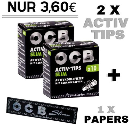 OCB Set Premium Black ( 2 x OCB Activ Tips Slim 10 Stück + 1 x OCB Premium Slim Black Papers 32 Stück) OCB Set Premium Black ( 2 x OCB Activ Tips Slim 10 Stück + 1 x OCB Premium Slim Black Papers 32 Stück)