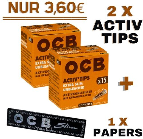 OCB Set Unbleachd Extra Slim ( 2 x OCB Activ Tips Extra Slim 15 Stück + 1 x OCB Premium Slim Black Papers 32 Stück) OCB Set Unbleachd Extra Slim ( 2 x OCB Activ Tips Extra Slim 15 Stück + 1 x OCB Premium Slim Black Papers 32 Stück)