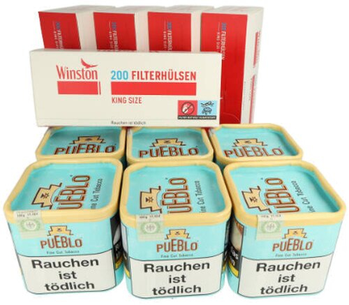 6x Pueblo Blue Tabak + 5 x 200 Winston Zigarettenhülsen Sparpaket 6x Pueblo Blue Tabak + 5 x 200 Winston Zigarettenhülsen Sparpaket