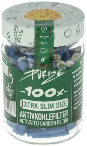 Purize Aktivkohlefilter 6mm Blau im Glas 100Stk. Purize Aktivkohlefilter 6mm Blau im Glas 100Stk.
