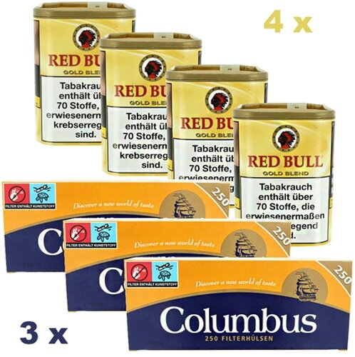 Red Bull Gold 480g Tabak Sparpaket (4 x Red Bull Gold 120g + 3 x Columbus Hülsen 250er)