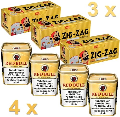 Red Bull Gold 480g Tabak Sparpaket (4 x Red Bull Gold 120g + 3 x Zig Zag Hülsen 250er)