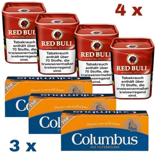 Red Bull Special Blend 480g Tabak Sparpaket (4 x Red Bull Special Blend 120g + 3 x Columbus Hülsen 250er)