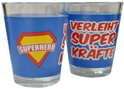 Schnapsglas VERLEIHT SUPER KRÄFTE Zeichen mit SUPERHERO Logo 4cl Schnapsglas VERLEIHT SUPER KRÄFTE Zeichen mit SUPERHERO Logo 4cl