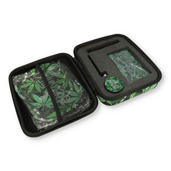 SMOKE WEED Geschenkset mit Glaspfeife, Rolltablet, Grinder, Waage, Cone Holder und Siebe 