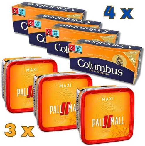 Sparpaket - 3 x Pall Mall Allround 260g Dose + 4 x Columbus 250 Stück Hülsen Sparpaket - 3 x Pall Mall Allround 260g Dose + 4 x Columbus 250 Stück Hülsen